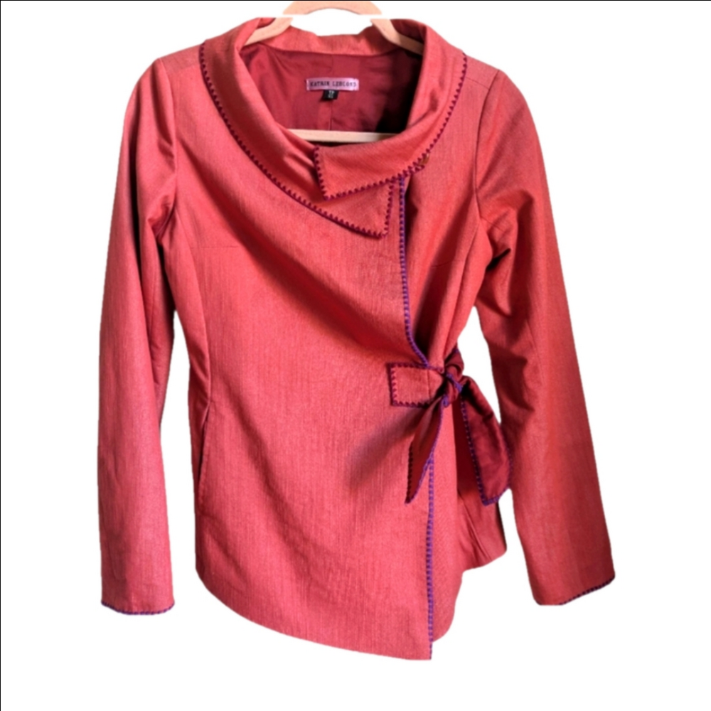 KATRIN LEBLON Red Purple Asymmetrical Artsy Lagenlook Cotton Blazer Size XS